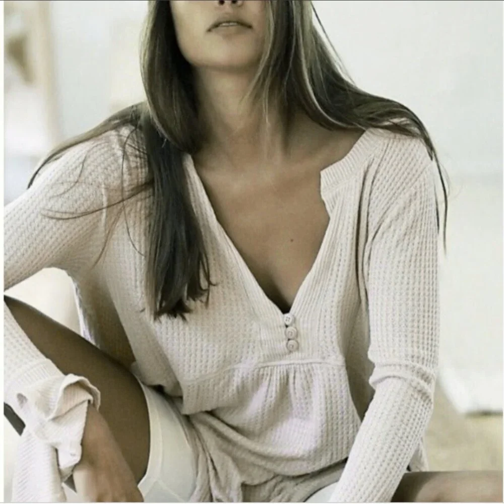 FREE PEOPLE OATMEAL OLIVIA HENLEY WAFFLE TUNIC TOP - Picture 3 of 9